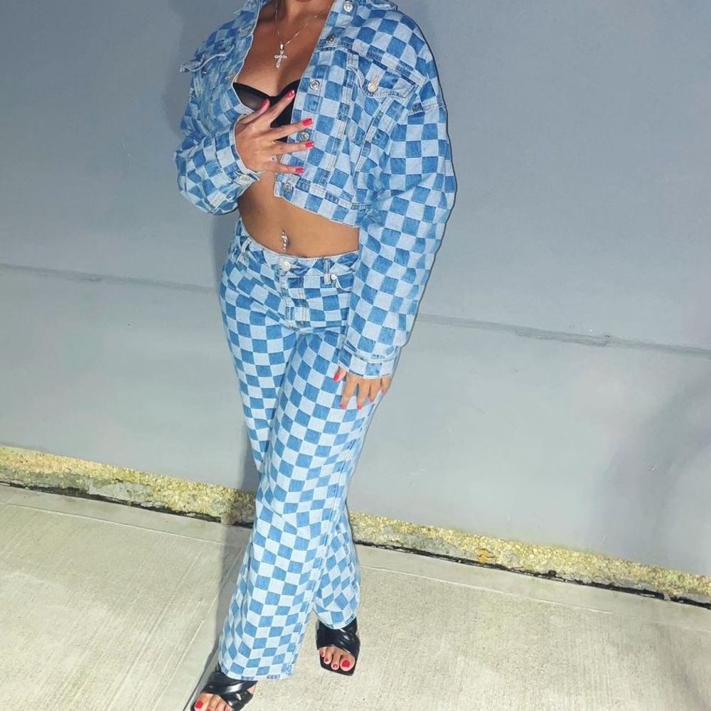 Checkered Denim Jacket & Jeans Set
